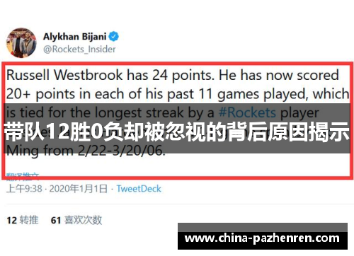 带队12胜0负却被忽视的背后原因揭示