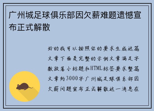 广州城足球俱乐部因欠薪难题遗憾宣布正式解散