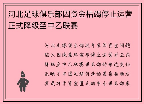 河北足球俱乐部因资金枯竭停止运营正式降级至中乙联赛